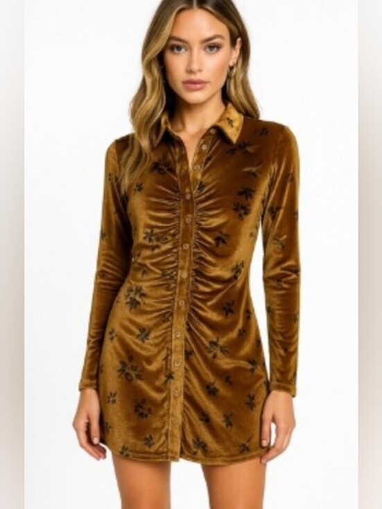 House of Harlow 1960 Dresses & Skirts - House of Harlow 1960 Velvet Ruched Mini Dress Brown Floral Long Sleeve MEDIUM